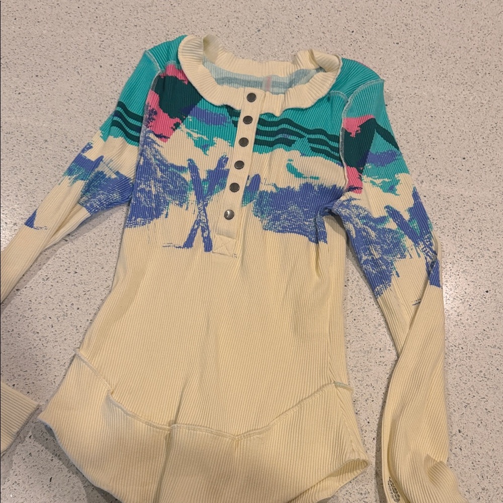 Free People Ribbed Thermal Henley Top | Abstract Print | Long Sleeve